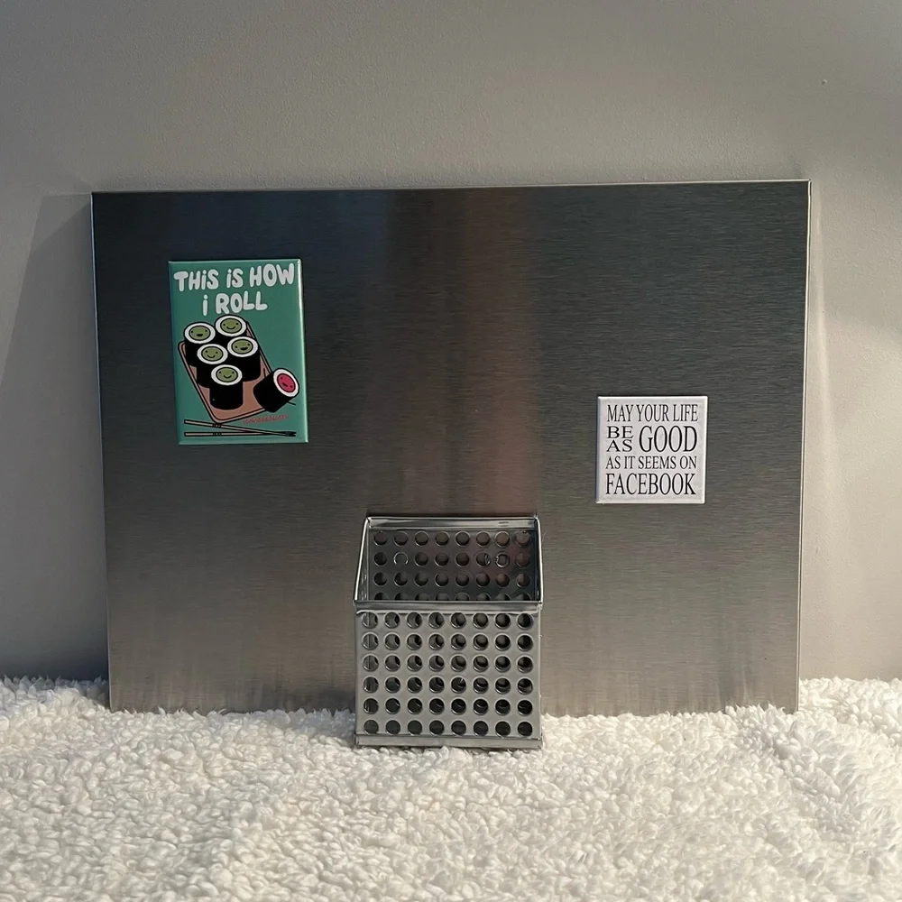 Kikkerland Stainless Magnetic Memo Board with Note Pen Pencil Holder
